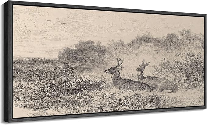 SIGNFORD Extra Large Framed Canvas Vintage Deer Meadow Landscape Illustrations Modern Art Calm Warm for Living Room, Bedroom, Office - 60"x30"