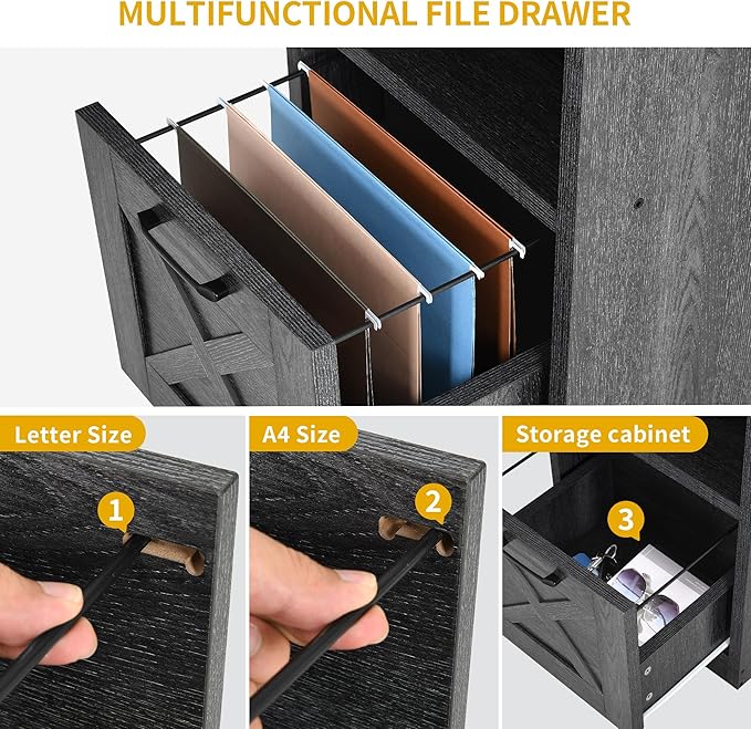 DWVO L Shaped Desk with File Drawer, 60" Corner Computer Desk with Power Outlets, Home Office Desk with Monitor Stand & Storage Shelves & File Cabinet, Grey