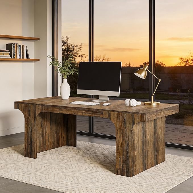 Tribesigns 70.9-Inch Executive Desk, Large Wooden Computer Office Desk, Modern Writing Table Business Workspace Home Office Furniture with Arched Design, Brown
