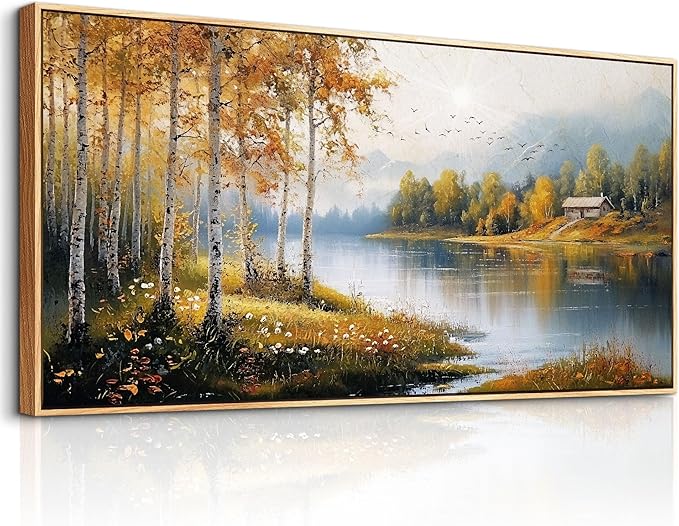 ERQINHUA Large Canvas Wood Framed Wall Art Living Room Wall Decor For Bedroom Forest Landscape Painting Lakeside Watercolour Wall Pictures Artwork Picture Office Farmhouse Home Decorations 24x48 In
