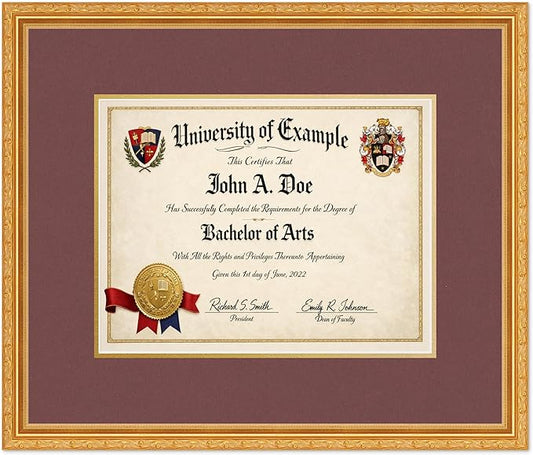 CountryArtHouse Diploma Frame Fits 13 x 10 College Diploma (Traditional) - Keepsake Graduation Display Museum Gold Genuine Hardwood with Dark Red Over Metallic Gold Double mat