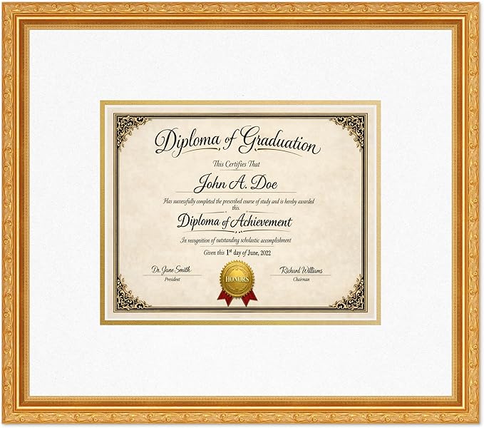 Diploma Frame Museum Gold with Oyster Shell Over Gold Double Mat - Fits 10 x 8 Professional License Wall Display Made in the USA