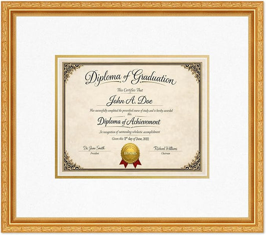 Diploma Frame Museum Gold with Oyster Shell Over Gold Double Mat - Fits 10 x 8 Professional License Wall Display Made in the USA