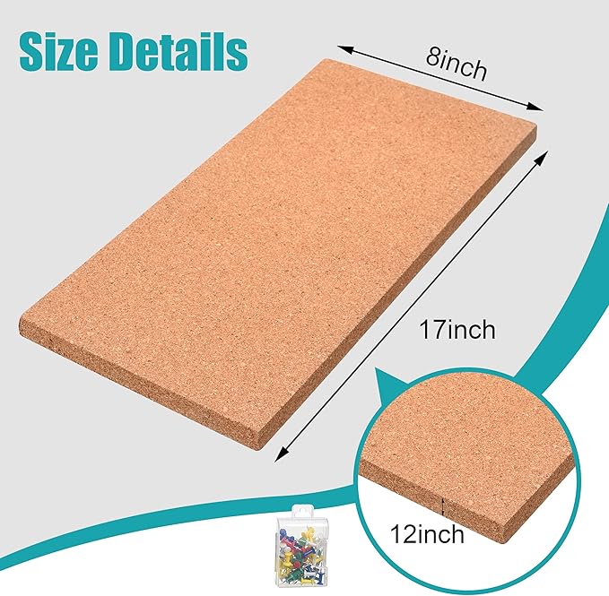 SUNGIFT Cork Bulletin Board 1/2" Thick Cork Boards 6 Pack Frameless Cork Tiles, 17 x 8 Inch, Self-Adhesive Corkboards Wall Decor with 50 PCS Pushpins for Office, School and Home