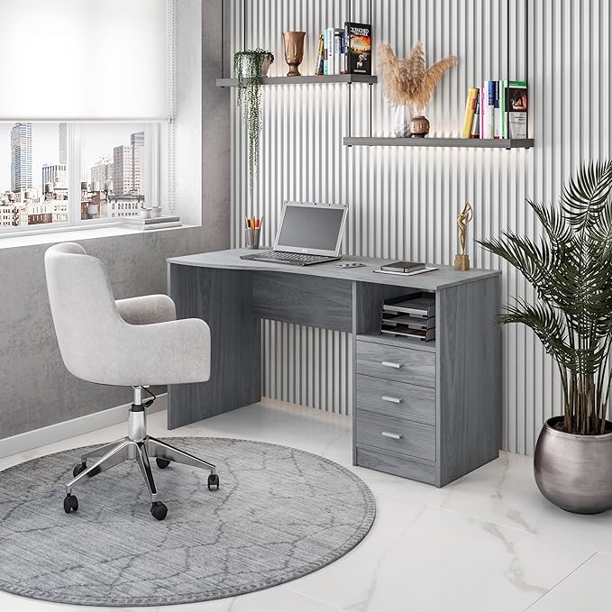 Techni Mobili 51" Classic Computer Desk with Drawers, 3-Drawer Home Office Desk with Storage (Light Grey)