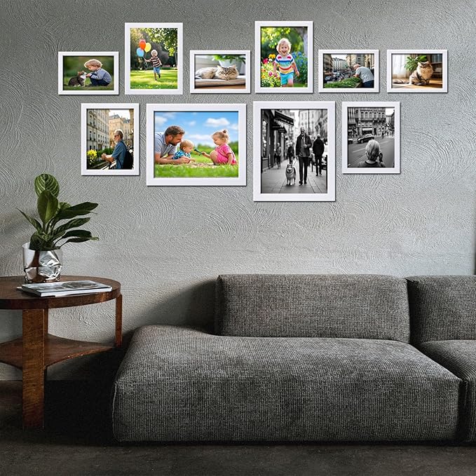 Picture Frame Set 10 pack, Farmhouse Photo Frames, Gallery Wall Frame Collage, 8x10 5x7 4x6 Frames in 3 Different Finishes Picture Frames For Wall or Desk, White
