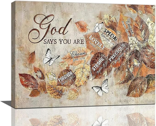 yerretin Fall Christian Leaves Wall Art Autumn Religious Pictures Wall Decor Rustic God Says Canvas Painting Modern Artwork Home Decoration for Living Room Bathroom Bedroom Office Framed 16"x12"