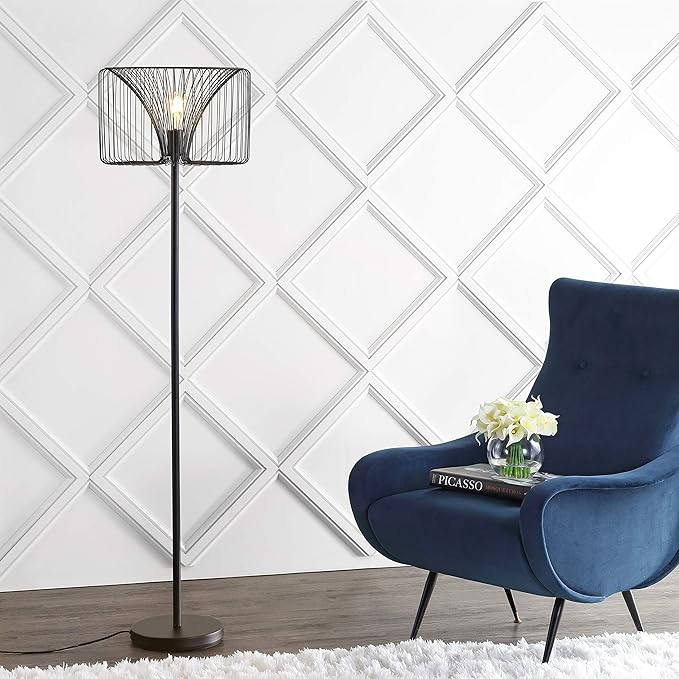 JONATHAN Y 61" Black Modern Industrial Metal LED Floor Lamp, Wire Cage Drum Shade Standing Lamp for Living Room, Bedroom, On-Off Foot-Switch, LED Bulb Included, UL Listed JYL6105A