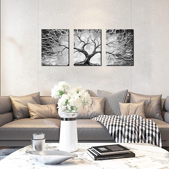 Tree Wall Art for Living Room - Modern Black and White Pictures Wall Art for Bedroom - 3 Piece Wall Decor for Office Size 12" x 16"