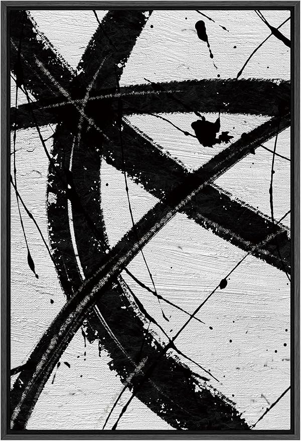 SIGNFORD Framed Canvas Wall Art Curve Ink Stroke with Line, Texture Abstract Brushstroke Illustrations Minimalism Expressive Black and White for Living Room, Bedroom, Office - 16x24 inches