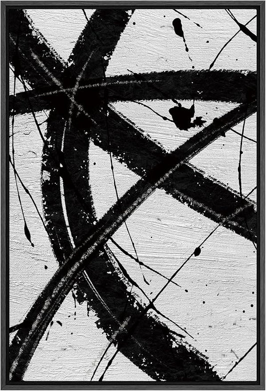 SIGNFORD Framed Canvas Wall Art Curve Ink Stroke with Line, Texture Abstract Brushstroke Illustrations Minimalism Expressive Black and White for Living Room, Bedroom, Office - 16x24 inches