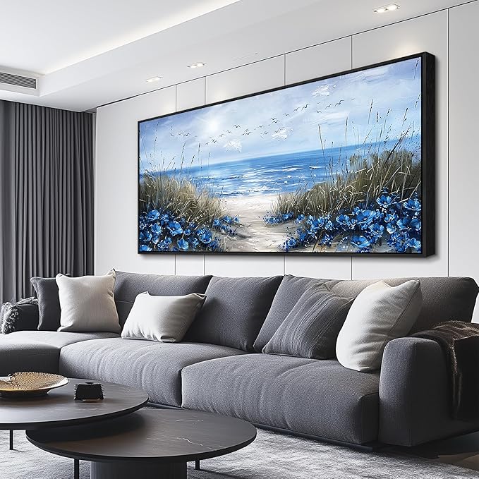 KELIYUAN Blue Ocean Wall Painting Wall Art For Living Room Large Canvas Wall Decor For Bedroom Office Decor Sea Wave Pictures Artwork Modern Beach Posters Aesthetic Home Decor Wooden Frame 32"X72"