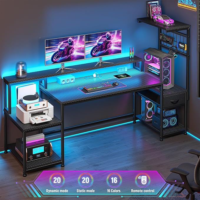 55" Gaming Desk with LED Lights & Outlets,Computer Desk with Drawers & Monitor Stand,Gaming Table with Storage Shelves & Printer Space for Game Room,Study Room,Home Office,Bedroom,Black