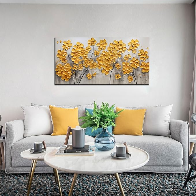 SKYRISE Abstract Gold Yellow Floral/Flower Wall Art Decor for Living Room, Modern Canvas Art Decorative-Picture Print Artwork for Bedroom Office, Size 40x20 Inches