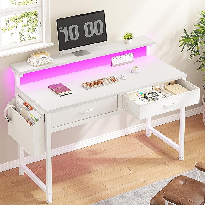 Computer Desk with 2 Drawers & LED Lights,39.4 Inch Home Office Desks with Side Pocket and Monitor Stand,Study Writing Table for Small Spaces,White