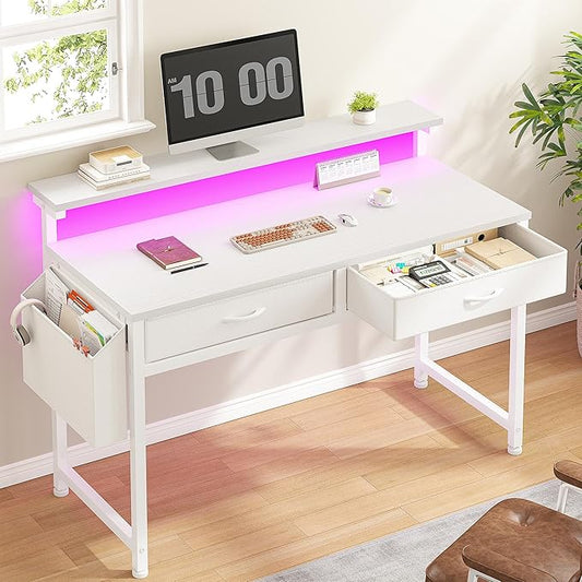 Computer Desk with 2 Drawers & LED Lights,39.4 Inch Home Office Desks with Side Pocket and Monitor Stand,Study Writing Table for Small Spaces,White