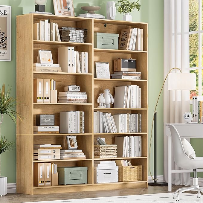 Freestanding Bookshelf and Bookcase, 6 Tier Double Wide Bookshelves, Home Display Storage Shelves 70.8” Tall Bookcases for Home Decor Bedroom, Living Room, Natural