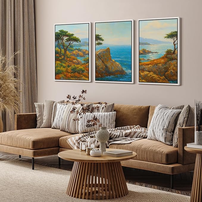 SIGNFORD Framed Wall Art Print Set Bright Coastal Cliffs and Ocean View Vibrant Seascape Digital Art Modern Art Contemporary for Living Room, Bedroom, Office - 24"x36"x3 White