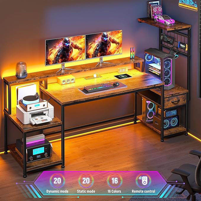 55" Gaming Desk with LED Lights & Outlets,Computer Desk with Drawers & Monitor Stand,Gaming Table with Storage Shelves & Printer Space for Game Room,Study Room,Home Office,Rustic Brown