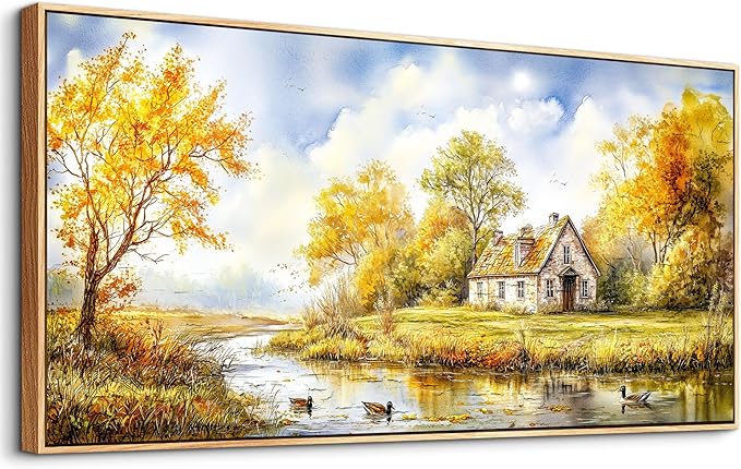ERQINHUA Canvas Wall Art For Living Room Farmhouse Dining Room Home Wall Decor For Bedroom Office Wall Decoration Yellow Pastoral Creek Landscape Painting Wood Frame Prints Pictures Artwork 20"x40"
