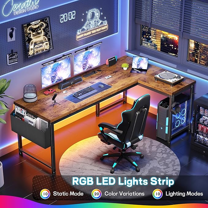63" L Shaped Desk with Power Outlets and USB-C Port, Reversible Computer Desk, Larger Office Corner Gaming Desk with LED, 0.95" Thicker Desktop, Metal Frame, for Home Office, Study,Brown