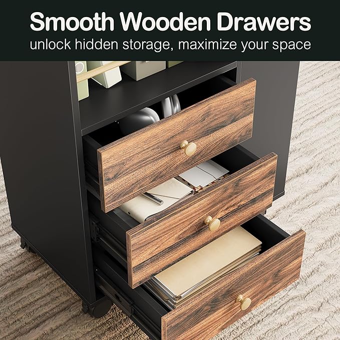 Mobile File Cabinet with 3 Drawers, 20" Wood Lateral Filing Cabinet with Lockable Wheels, Fit Letter/A4 Size or Home Office, Utility Cart with Open Storage Shelf, Black Walnut