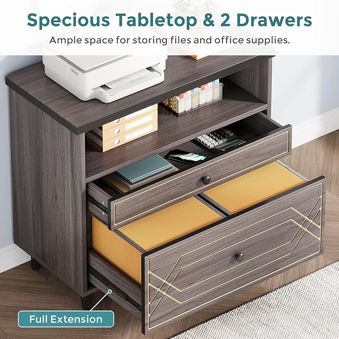 Lateral File Cabinet with Shelf, 2 Drawer Filing Cabinet for A4/Letter/Legal Size, Modern Industrial Office Storage Cabinet Printer Stand for Home Office, Gray Brown