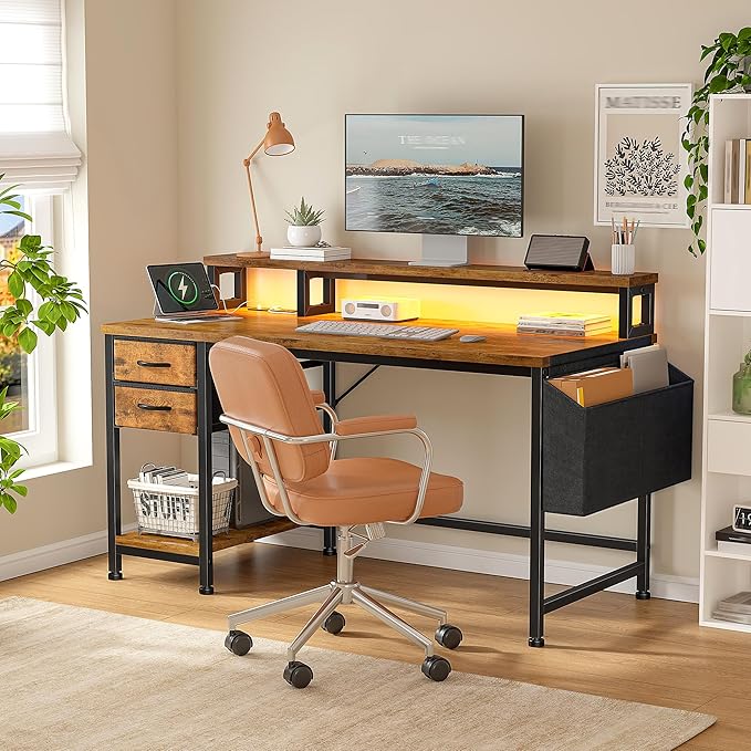 40" Computer Desk with LED Strip, Gaming Desk with Drawers & Storage Bag, Office Desk with Power Outlets & Monitor Stand, Home Office Desks for Bedroom, Gaming Room, Rustic Brown