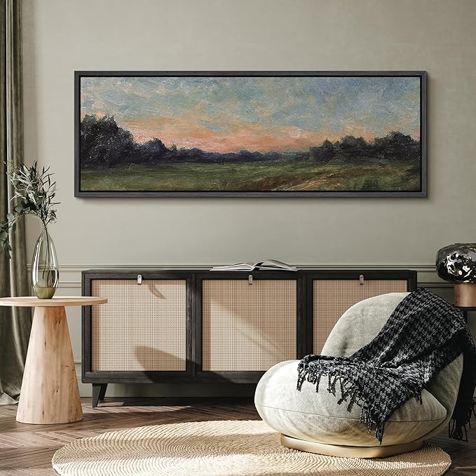 SIGNFORD Large Framed Canvas Quiet Green Field at Dusk Illustrations Modern Art Calm Warm for Living Room, Bedroom, Office - 60"x20"
