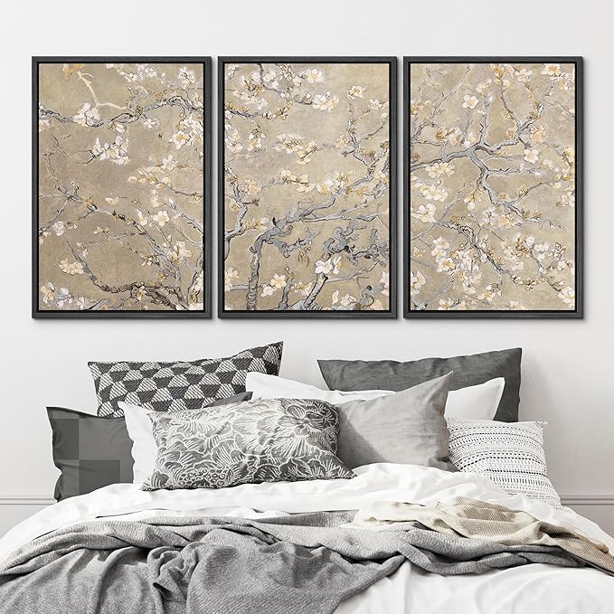 MUDECOR Framed Canvas Print Wall Art Blossoming Branches Vintage Floral Illustrations Realism Decorative for Living Room, Bedroom, Office - 16"x24"x3 Black