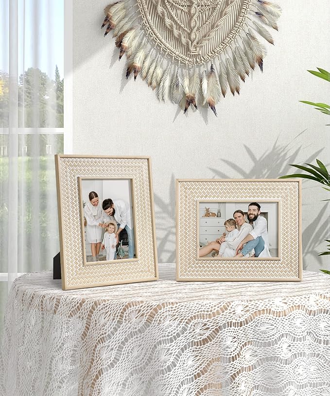 Afuly 5x7 Picture Frame Boho Picture Frames Nature Beige Bohemia Photo Frame for Office Bedroom Home Desk Wall Decor, Anniversary Wedding Gifts for Mom Grandma, Set of 2