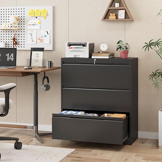 3 Drawer Lateral File Cabinet with Lock, Heavy-Duty Metal Filing Cabinet for Home Office, Steel Storage Compatible with Hanging Files Letter/Legal/F4/A4 Sizes (3 Drawer, Black)