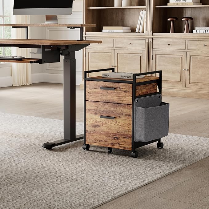 EUREKA ERGONOMIC 2-Drawer Mobile File Cabinet with Wheels, Solid Wood Rolling Storage Cabinet for Home Office, Space-Saving Under Desk Organization with Printer Stand, Rustic Brown