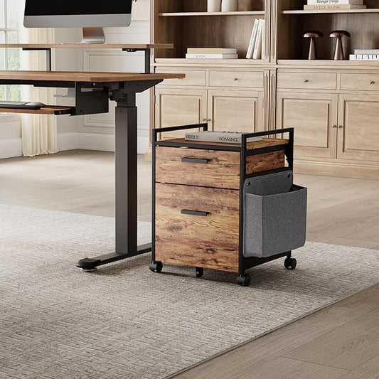 EUREKA ERGONOMIC 2-Drawer Mobile File Cabinet with Wheels, Solid Wood Rolling Storage Cabinet for Home Office, Space-Saving Under Desk Organization with Printer Stand, Rustic Brown