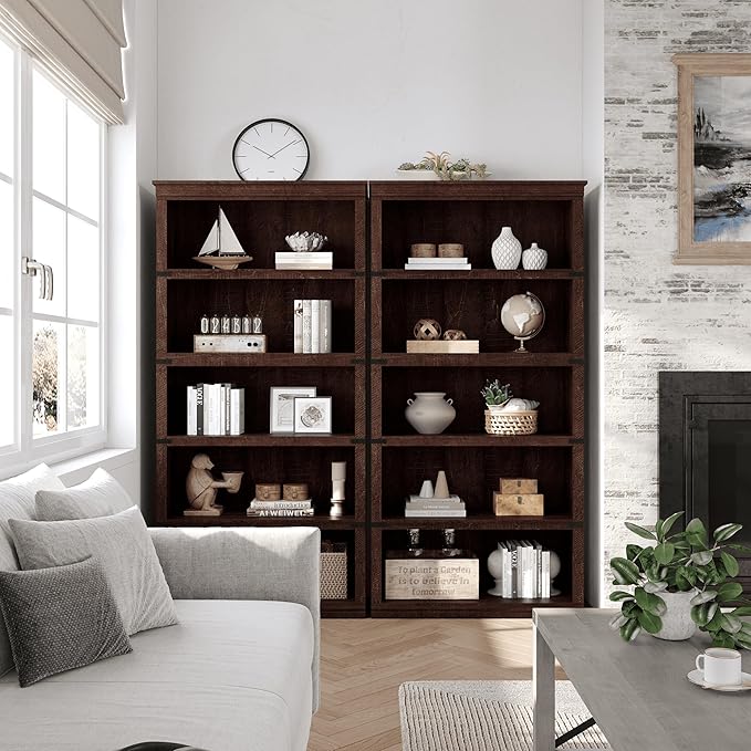5 Tier Farmhouse Bookcase, 67.4" Tall Book Shelf with Storage, Wooden Bookshelves 5 Shelf Display Shelves for Home Office(67.4" H x 31.5" W x 12.8" D) (Reddish Brown, 67.4" H x 31.5" W x 12.8" D)