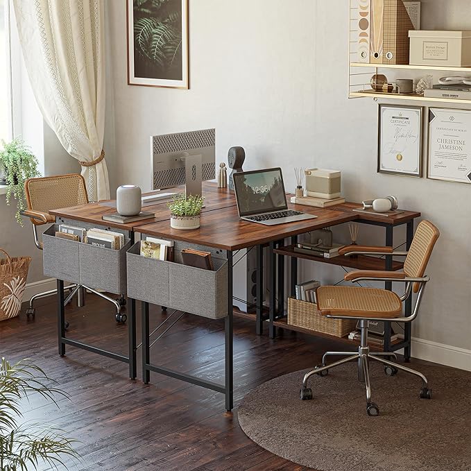 CubiCubi L Shaped Desk, 55" Computer Table with Reversible Storage Shelves Home Office Corner Study Writing Gaming, Brown