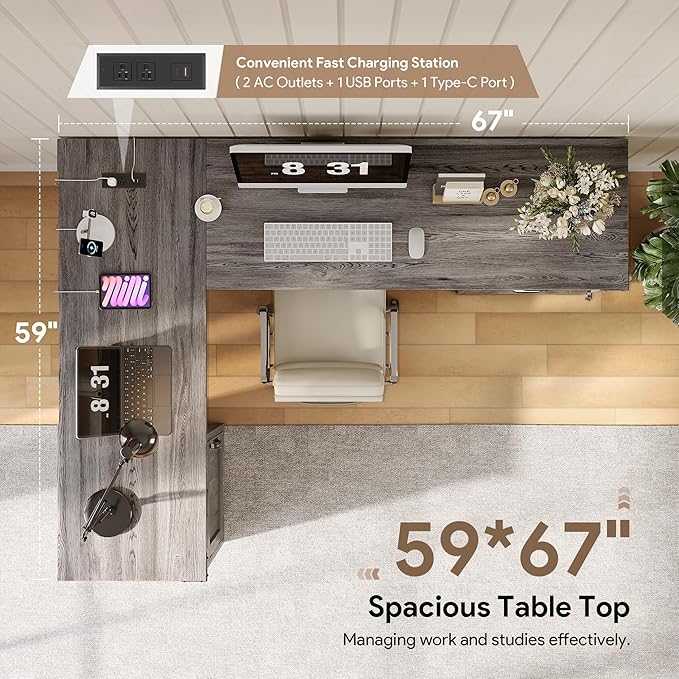 L Shaped Farmhouse Executive Desk with Drawers, 67" Home Office Desks with Fast Charging Station, Lockable File Cabinet, Wood Writing Computer Desk for Work, Study, Grey
