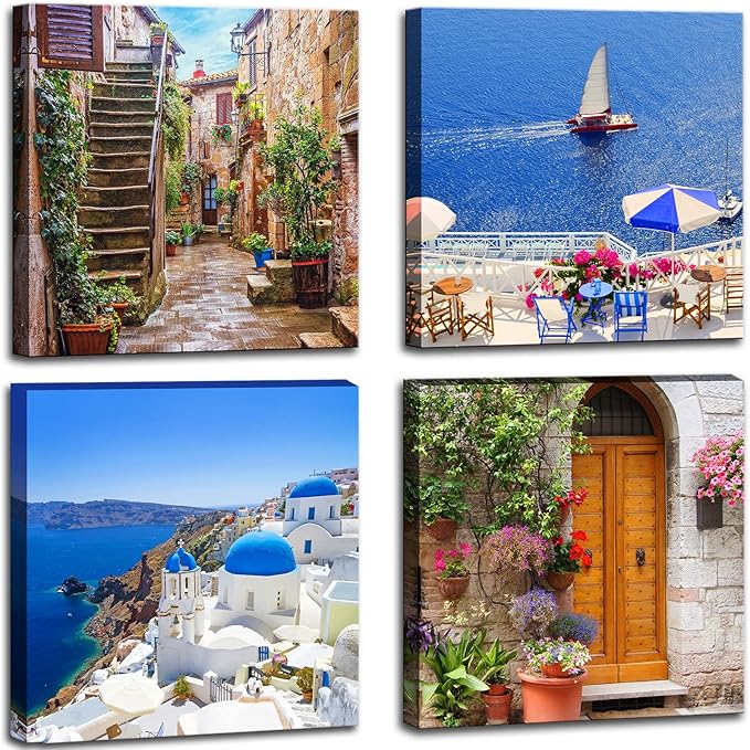 Santorini Greece Canvas Wall Art, Nature Landscape Pictures Print Rustic Scenic Paintings for Bedroom Living Room Office, Wall Decor Modern Artwork