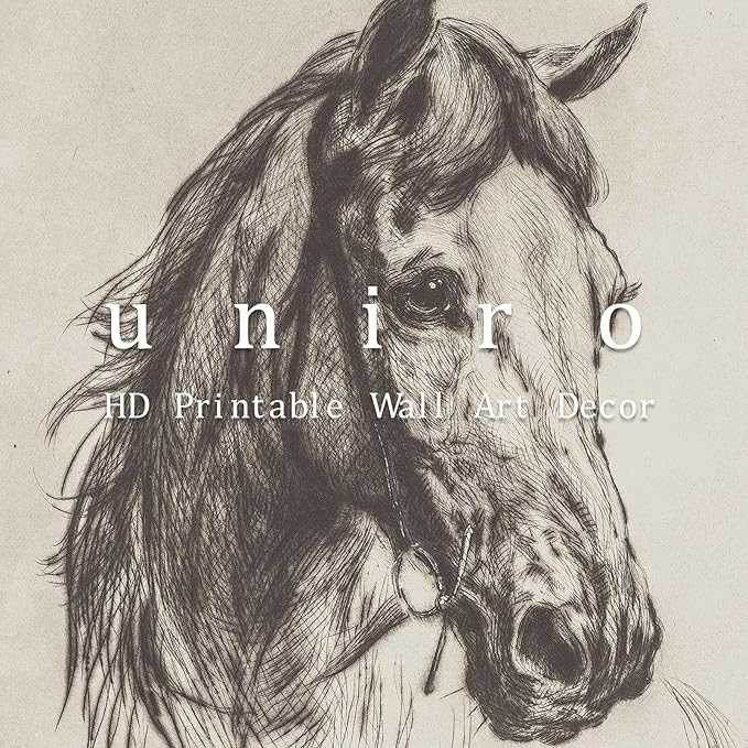 uniro Vintage Horse Etching Sketch Equestrian Retro Wall Art Print Farmhouse Animal Farm Drawing Horse Lover Gift Cottagecore Decor Minimalist Mid Century French Country Room Decor (8" x 10"-UNFRAMED)