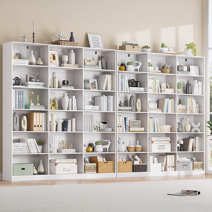 White Bookcase with 18 Display Shelves, Triple Column Book Case, 2PC 6 Tier Large Bookshelf, Freestanding Storage Shelf for Bedroom Living Room Home Office