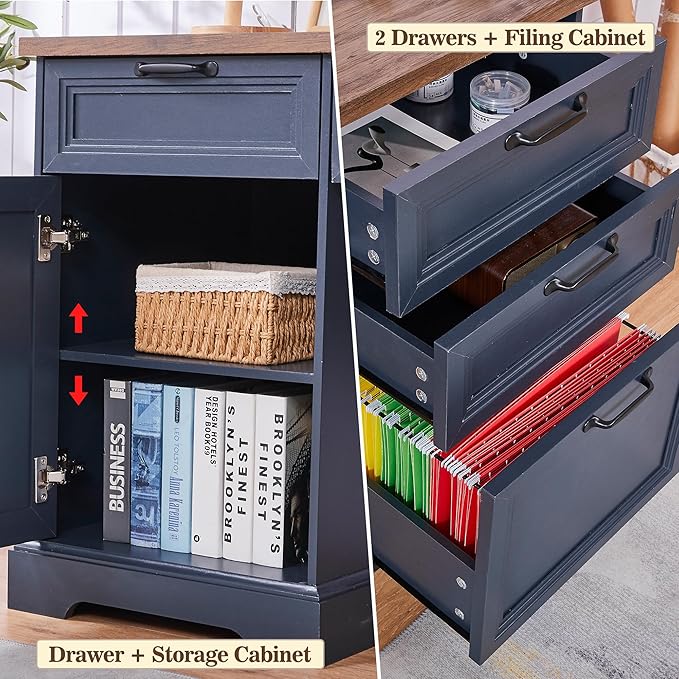 60" Farmhouse Executive Desk with Lock,Home Office Desk with Charging Station,Executive Desk with 4 Drawers & 1 Cabinet&1 File Cabinet for Office and Home