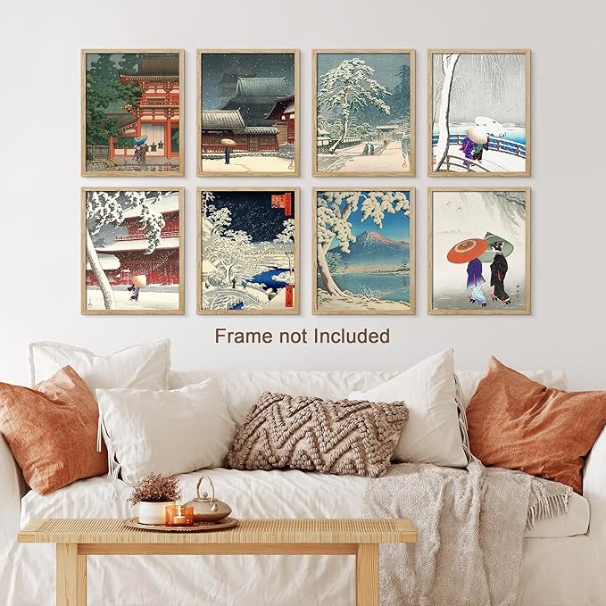 SIGNWIN Poster Wall Art Set of Two Women in The Rain, Two Women in The Snow, Walking by a Temple on a Snowy Day for Living Room, Bedroom, Office - 11"x14"x 8