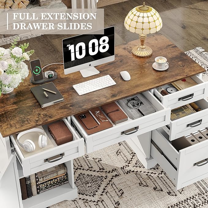 Alohappy 55'' Farmhouse Executive Desk with File Cabinet, Home Office Wood Computer Desk with Drawers and Power Outlets, White