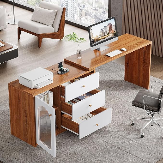 Tribesigns L Shaped Computer Desk with Drawers, Modern Corner Home Office Desk with Reversible Storage Cabinet, Long Study Writing Desk Workstation for Home Office, Rustic Brown