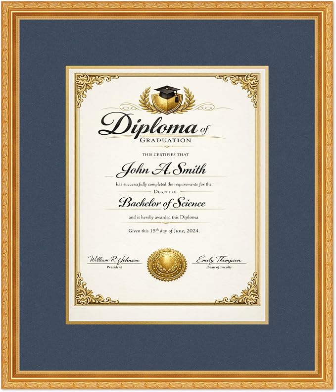 CountryArtHouse Diploma Frame Fits 11 x 14 College Diploma (Portrait) - Keepsake Graduation Display Museum Gold Genuine Hardwood with Navy Blue Over Metallic Gold Double mat