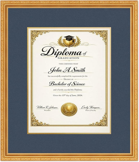 CountryArtHouse Diploma Frame Fits 11 x 14 College Diploma (Portrait) - Keepsake Graduation Display Museum Gold Genuine Hardwood with Navy Blue Over Metallic Gold Double mat
