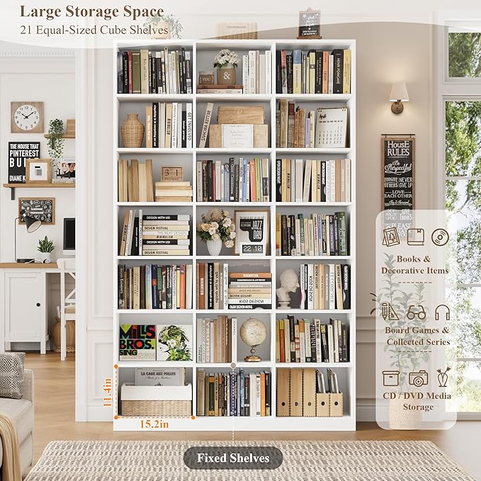 HOSTACK 86" H Triple Wide Bookshelf and Bookcase, 7 Tier Tall Bookshelf with Storage, Large Bookcase with 21 Open Display Storage Shelves, Wood Book Shelf Media CD DVD Storage for Living Room, White