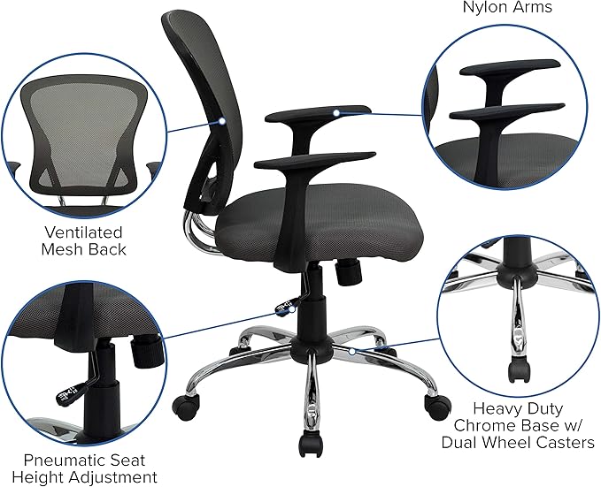 Flash Furniture Alfred Mid-Back Dark Gray Mesh Swivel Task Office Chair with Chrome Base and Arms