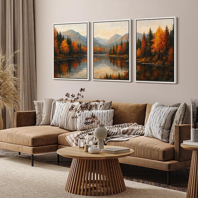SIGNFORD Framed Wall Art Print Set Autumn Mountain Lake Vibrant Fall Forest Landscape Digital Art Modern Art Contemporary for Living Room, Bedroom, Office - 24"x36"x3 White