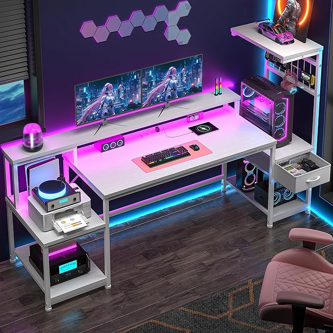 63" Gaming Desk with LED Lights & Outlets,Computer Desk with Drawers & Monitor Stand,Gaming Table with Storage Shelves & Printer Space for Game Room,Study Room,Home Office,Bedroom,White